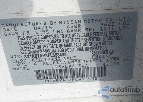 2015 Nissan Sentra Fe+ S/S/Sl/Sr/Sv from USA, damaged, VIN 3N1AB7APXFL653498